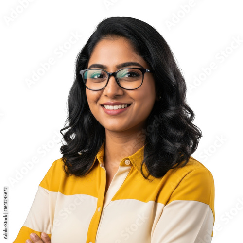 Smiling young indian woman wearing glasses and a yellow and white shirt isolated on transparent background