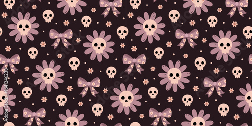 Coquette Halloween floral seamless pattern with skulls, bows and flowers. Cute Spooky Halloween repeat background