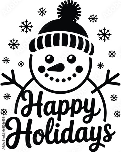 Festive snowman with happy holidays text and snowflakes