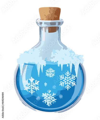 Illustration of a magical potion bottle with snow and snowflakes