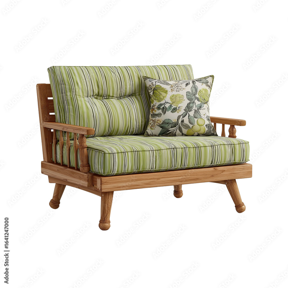 Fototapeta premium Green striped outdoor bench cushion providing comfortable seating on transparent background, cutout