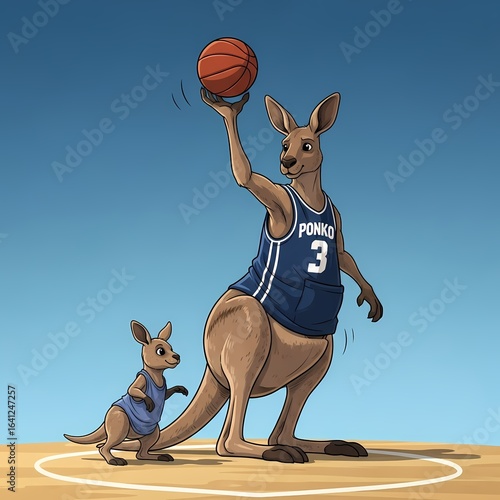 Kangaroo playing basketball with joey on court
