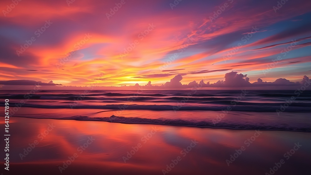 Obraz premium Tropical beach sunset with vibrant sky colors reflecting on wet sand and serene ocean.