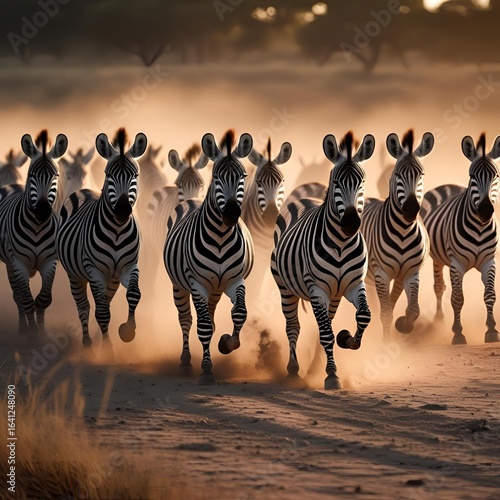 Herd of Zebras Running at Sunset, Dramatic African Wildlife, Golden Hour Light