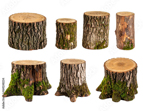 Set of stumps with moss isolated on a transparent background.