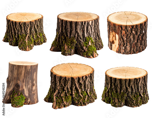 Set of stumps with moss isolated on a transparent background.