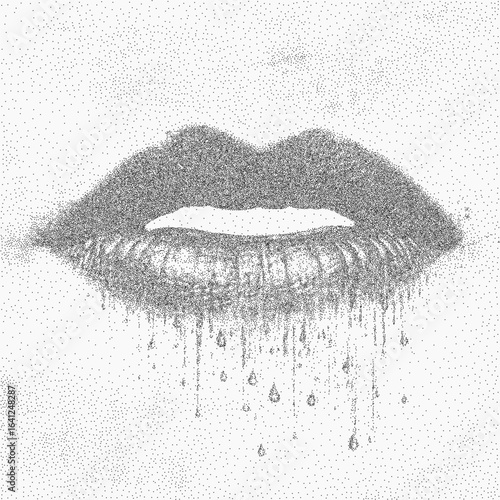 Lips, tattoo style. Flat object with faded grain overlay, visible dust marks and a gritty texture.
