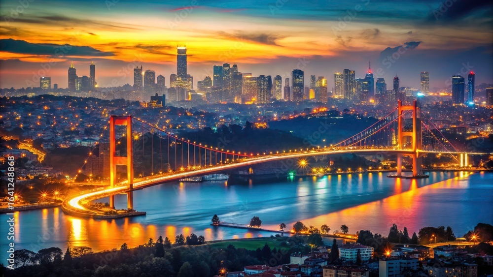 Fototapeta premium Panoramic night photography of Istanbul's Bosphorus Bridge, Asian side bokeh shimmering.
