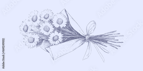 Bouquet of daisies in a package. Graphic object with retro halftone texture, grain overlay. Light scratches.