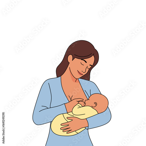 Colorful illustration of a mother breastfeeding her newborn baby, symbolizing maternal care, bonding, and healthy infant nutrition