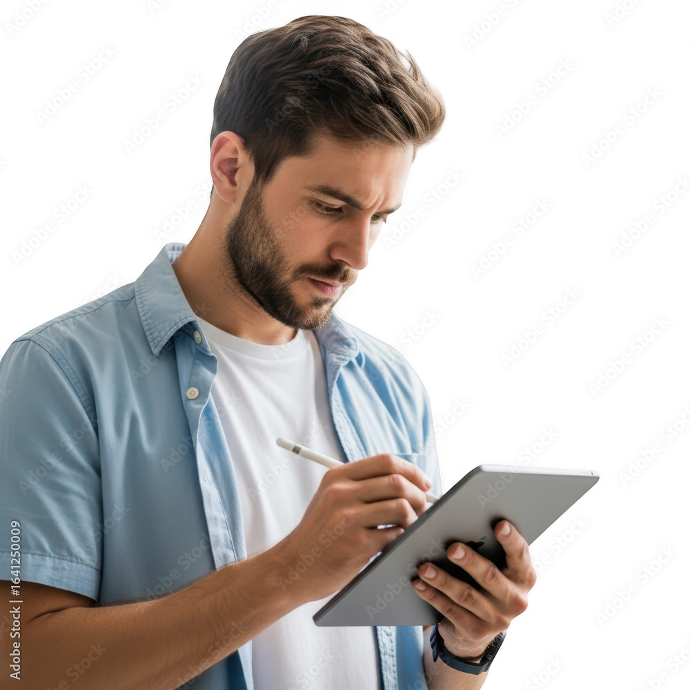 Man using digital tablet with stylus isolated on transparent background Man using digital tablet with stylus isolated on transparent background