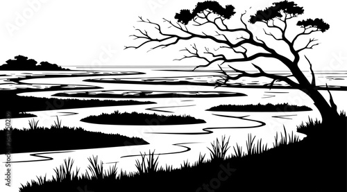 Windswept Tree and Wetland Landscape Vector Illustration