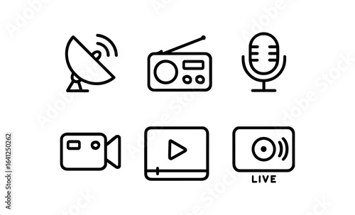 Media and communication icons set: satellite, radio, microphone, camera, video player, live stream