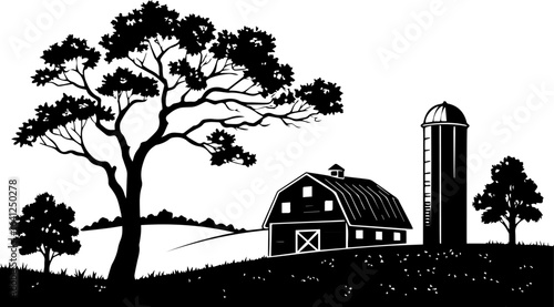 Rural Farm Scene with Barn, Silo, and Trees Vector Illustration