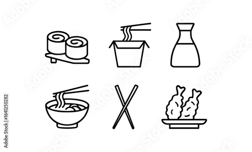 Set of linear japanese food icons featuring sushi, ramen, and tempura