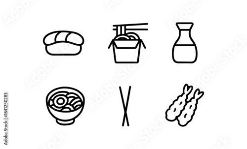 Minimalist japanese food icons featuring sushi, noodles, and tempura