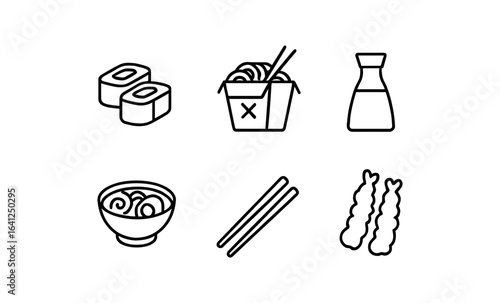 Minimalist asian cuisine icons with sushi, noodles, and tempura