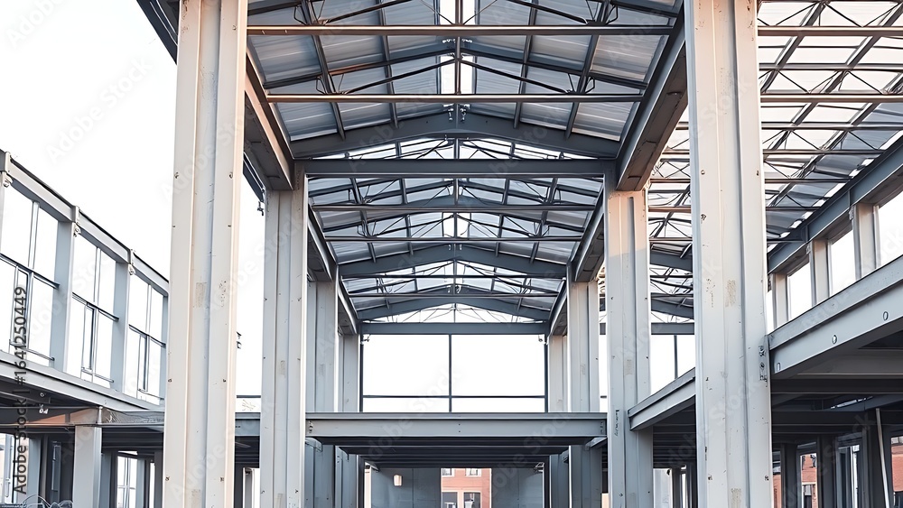 Obraz premium Industrial construction site with steel beams and columns, highlighting modern architectural progress.