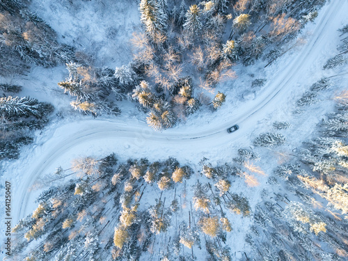 Winter road in a snowy forest, top view.