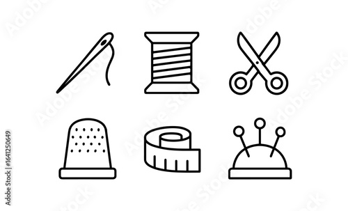 Sewing tools icons set: linear needle, thread, scissors, thimble, tape, pin cushion