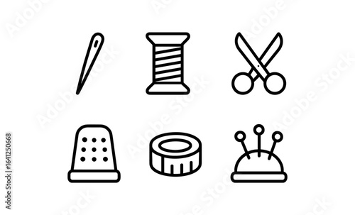 Minimalist sewing set: needle, thread, scissors, and thimble line art icons