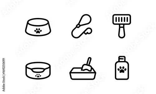 Pet care icons set: bowl, leash, brush, bed, litter box, shampoo
