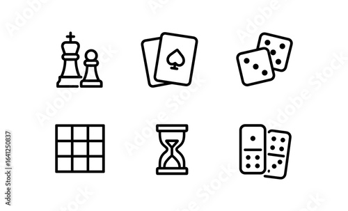 Minimalist game icons: chess, cards, dice, grid, hourglass, dominos