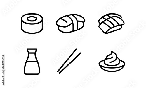 Minimalist sushi icons featuring nigiri, rolls, soy sauce, and wasabi