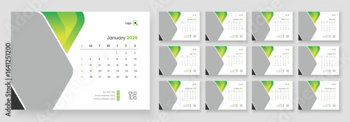 Desk Calendar Template 2026, New Year 2026 table calendar, Corporate desk calendar schedule 2026 monthly planner template, The week start Sunday.