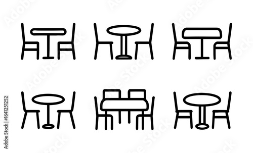 Minimalist dining set icons: simple line art of tables and chairs in various arrangements