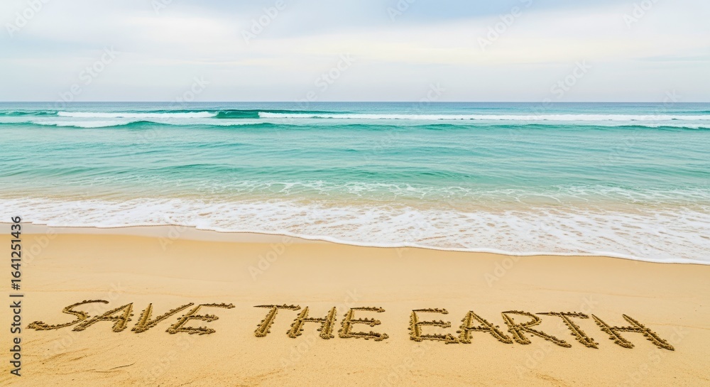 Fototapeta premium Save The Earth message written in the sand at the beach, beautiful seascape and blue sky
