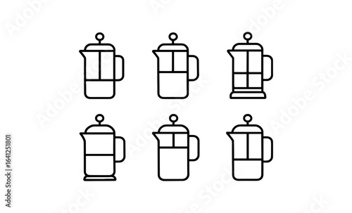 Minimalist coffee press icons set featuring diverse french press designs