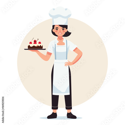 The Baker's Delight: A skilled female baker in a crisp apron and chef's hat proudly presents a beautifully decorated cake, radiating culinary artistry and warmth.