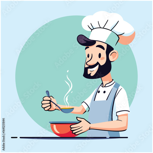 Culinary Master: A chef is meticulously attending a vibrant red bowl, ready to infuse his culinary creations with excellence. The backdrop offers an idyllic culinary setting.