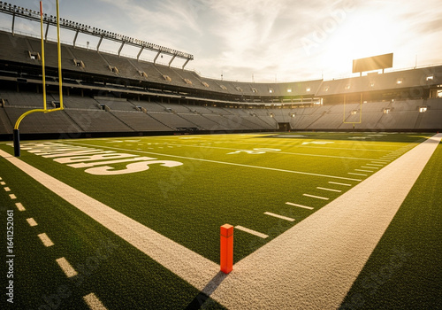 American football stadium field with goal post on sunny day