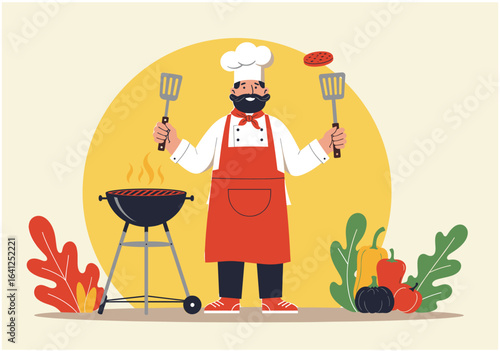 Barbecue Master: A skilled chef, complete with hat and apron, oversees a delightful barbecue spread, masterfully grilling delectable food under a radiant sunset.