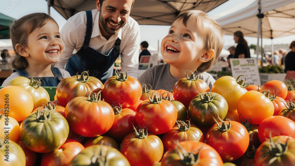 Fototapeta premium A little girl looks up at a smiling farmer and his display of heirloom tomatoes.