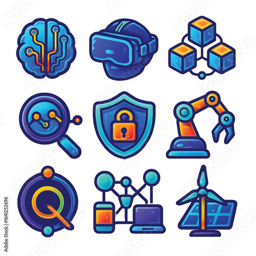 Technology and Innovation Icons - AI, VR, Blockchain, Robotics, and Renewable Energy.