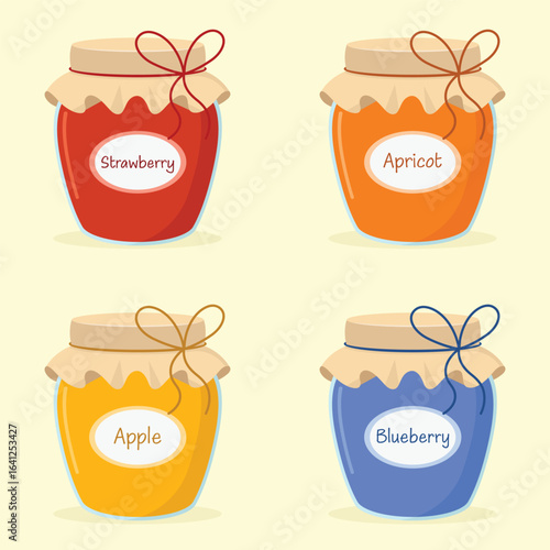 Set of vintage homemade jam jars with fabric covered lids tied into bows with strings and labels describing the different flavours like apple, apricot, strawberry and blueberry. Sweet food dessert.