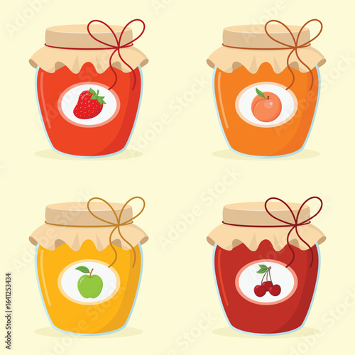 Set of vintage homemade jam jars with fabric covered lids tied into bows with strings and labels describing the different flavours, featuring apple, apricot, strawberry and cherry. Sweet food dessert.