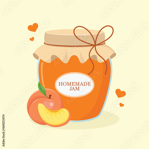 A vintage style jar of homemade apricot jam with a fabric covered lid and tied into a bow with string, with a whole fruit and a slice lying next to it. Sweet dessert food vector illustration.