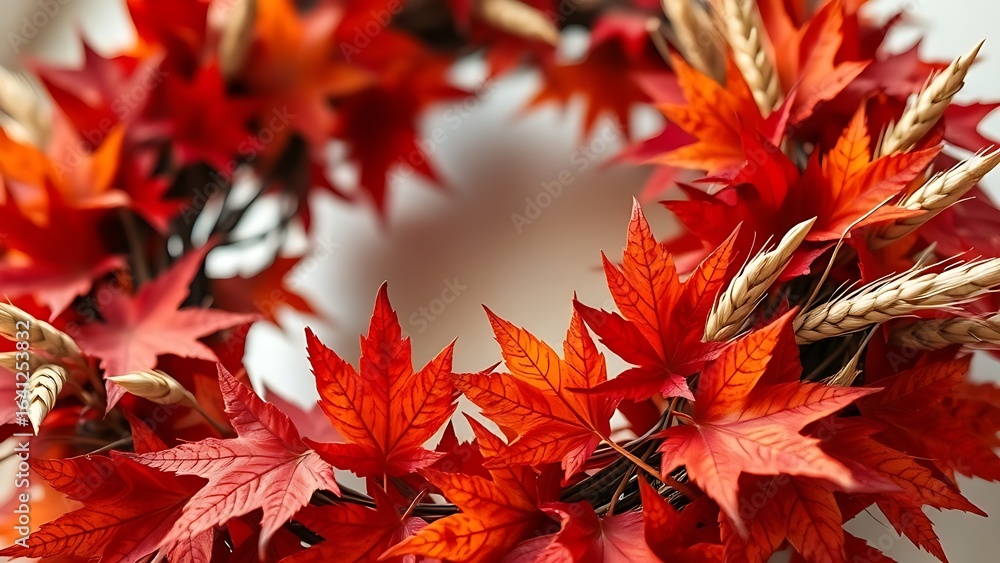 A maple leaf wreath with dried wheat stalks, showcasing rich red and orange tones in soft natural light. A maple leaf wreath with dried wheat stalks, showcasing rich red and orange tones in soft natural light.