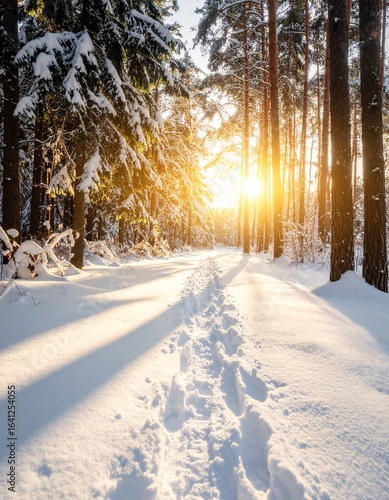제목: Vertical Sunset Glow on a Snowy Trail

설명: A vertical composition emphasizing the long, dramatic shadows cast by the low-angle sun on a winter afternoon, along the winding path.