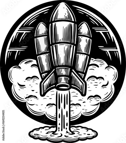 Retro rocket launch illustration vintage monochrome spacecraft blasting off with smoke and fire, space exploration concept