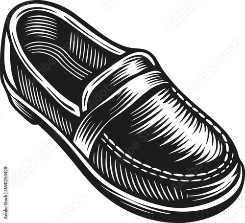 Classic leather loafer shoe sketch hand drawn black and white elegant footwear illustration, vintage fashion accessory