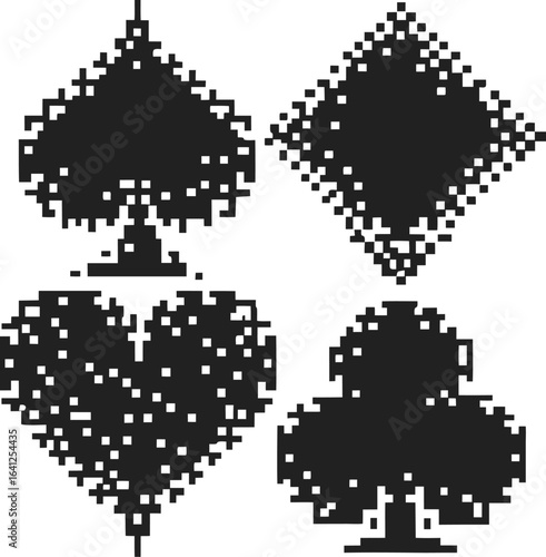 Pixelated playing card suits symbols retro spade, diamond, heart, and club icons digital gaming and casino concept