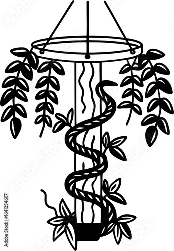 Hanging plant stand with vine and leaves, minimalist black silhouette indoor botanical decor, modern greenery illustration