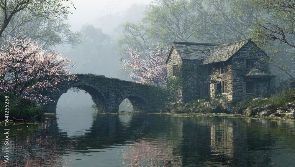 Fototapeta premium Misty spring cottage, stone bridge, tranquil lake, blossoming trees; idyllic rural scene, perfect for travel brochure
