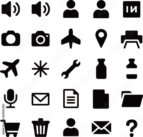 Collection of various icons representing communication, travel, and tools, conveying