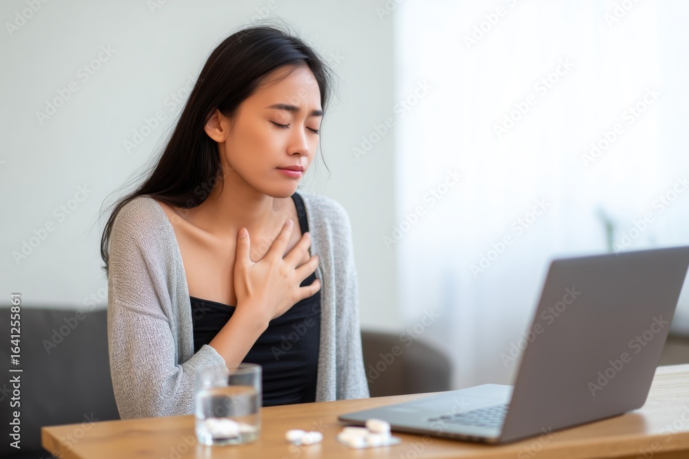 Overworked woman feeling chest pain from stress-related heart problems Overworked woman feeling chest pain from stress-related heart problems